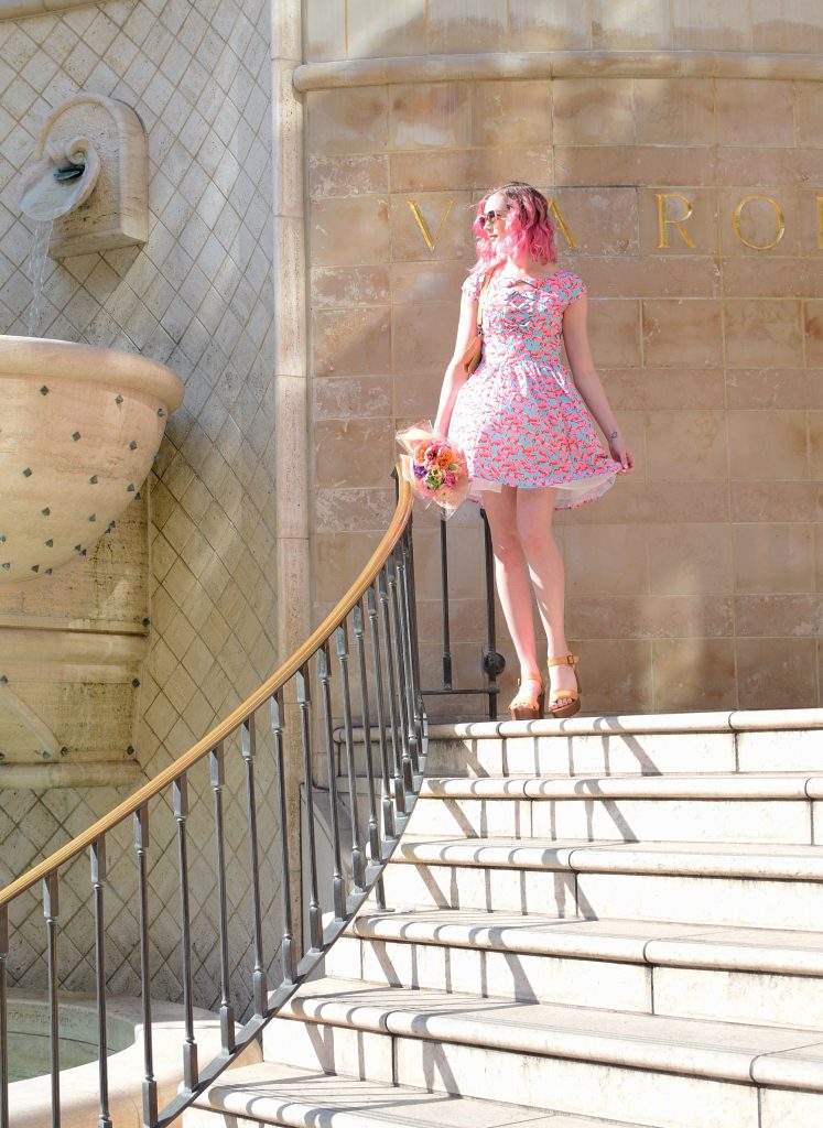 Flamingos and Dachshunds, a fashion post with Los Angeles Cruelty-Free Beauty Blogger, Emily Wolf Beauty. eshakti FLAMINGO PRINT BOW FRONT CREPE DRESS, chopin roma dachshund purse, forever21 tan leather platform sandals