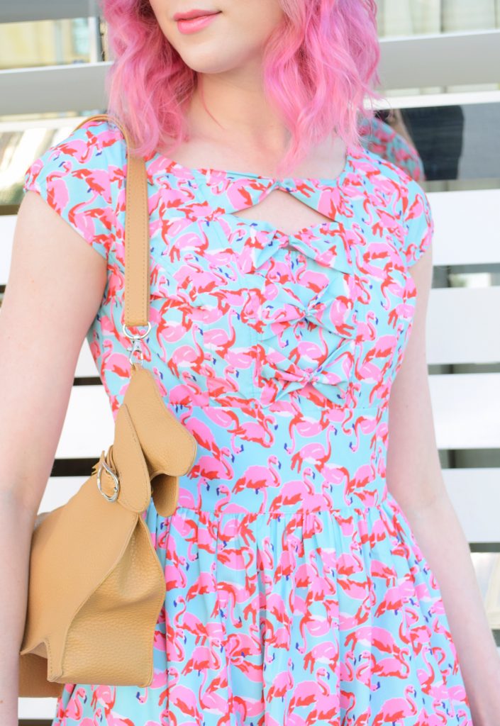 Flamingos and Dachshunds, a fashion post with Los Angeles Cruelty-Free Beauty Blogger, Emily Wolf Beauty. eshakti FLAMINGO PRINT BOW FRONT CREPE DRESS, chopin roma dachshund purse