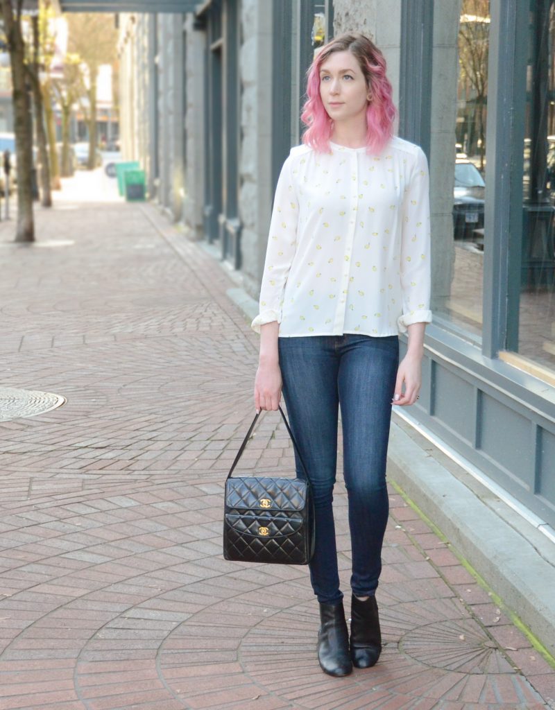 Vintage Chanel black quilted handbag, Just Black blue jeans, Des Petits Haut lemon blouse, Frye Stella Chelsea Short boots