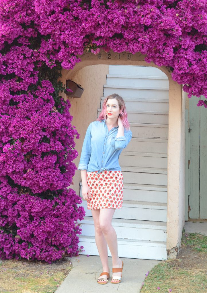 Yves Saint Laurent ROUGE PUR COUTURE Satin Radiance Lipstick Le Orange, J Crew Poppy Stretch Mini, Mari A. Mara sandal, Urban Outfitters light chambray denim shirt