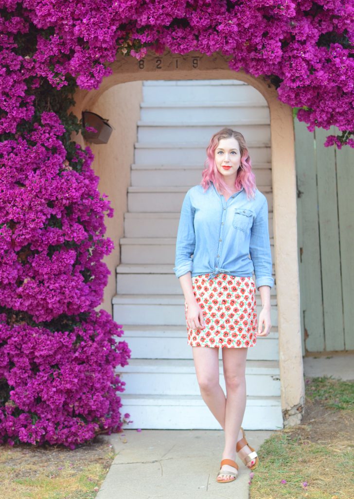 Yves Saint Laurent ROUGE PUR COUTURE Satin Radiance Lipstick Le Orange, J Crew Poppy Stretch Mini, Mari A. Mara sandal, Urban Outfitters light chambray denim shirt