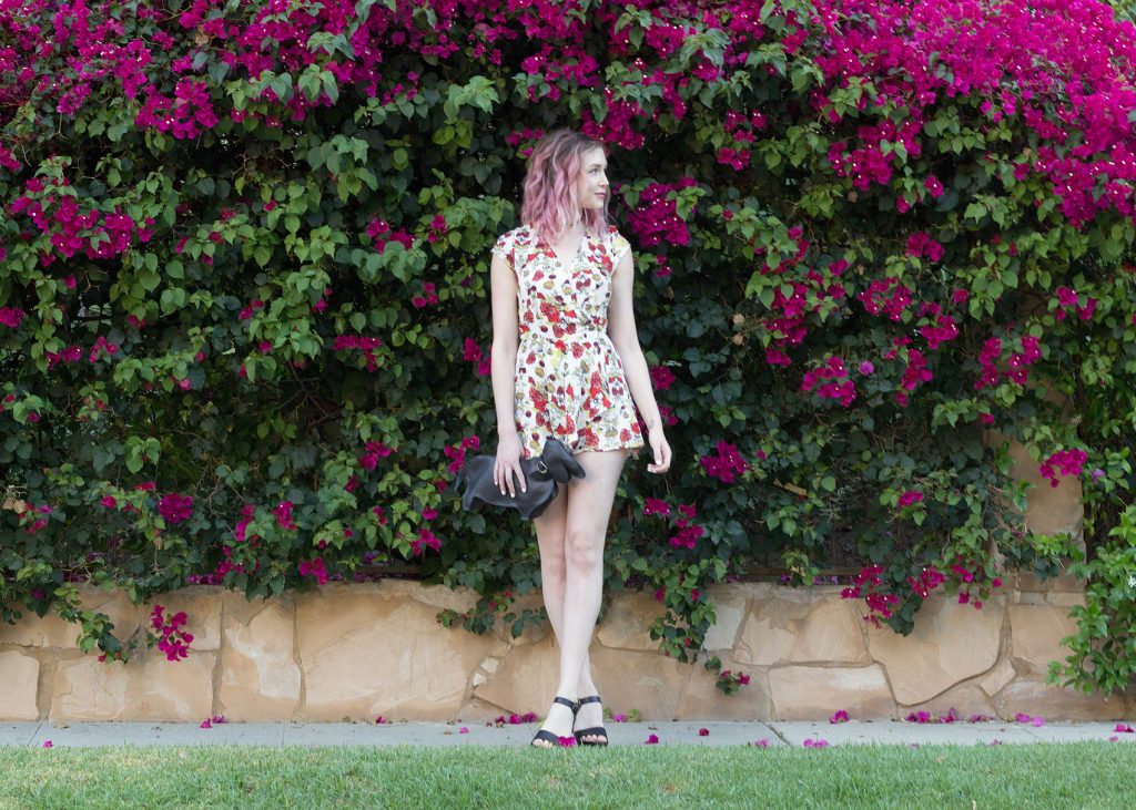 Bebop Cap Sleeve Floral Crepe Romper, Forever21 Black Flatform Sandals, Black Chopin Roma Dachshund clutch bag, black choker necklace,