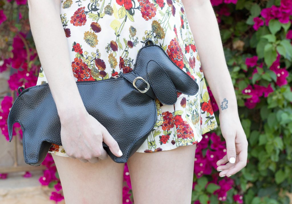 Bebop Cap Sleeve Floral Crepe Romper, Black Chopin Roma Dachshund clutch bag, 