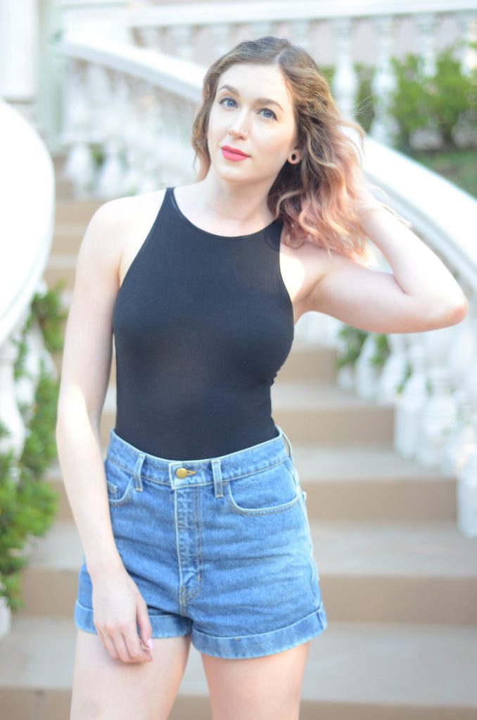 american apparel black sleeveless bodysuit, american apparel high-waist jean cuff short Medium Stone Wash Indigo, jeffree star lip velour rose matter