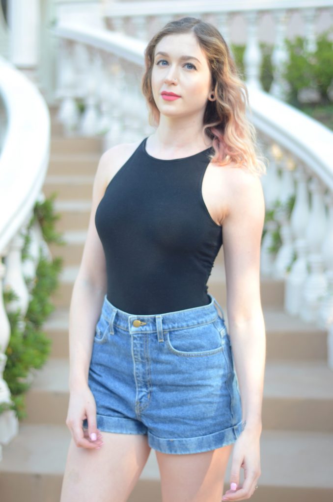 american apparel black sleeveless bodysuit, american apparel high-waist jean cuff short Medium Stone Wash Indigo, jeffree star lip velour rose matter