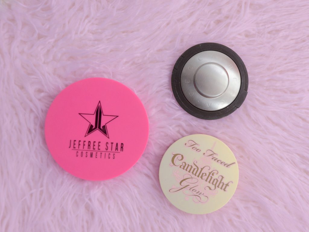 3 Favorite Highlighters for Fair Skin with Los Angeles Cruelty-Free Beauty Blogger, Emily Wolf Beauty. too faced candlelight glow, jeffree star skin frost ice cold, becca shimmering skin perfector pearl highlighter