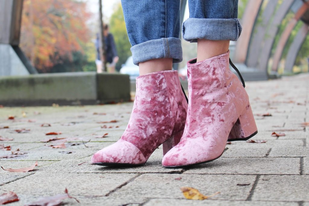 pink velvet ankle boots