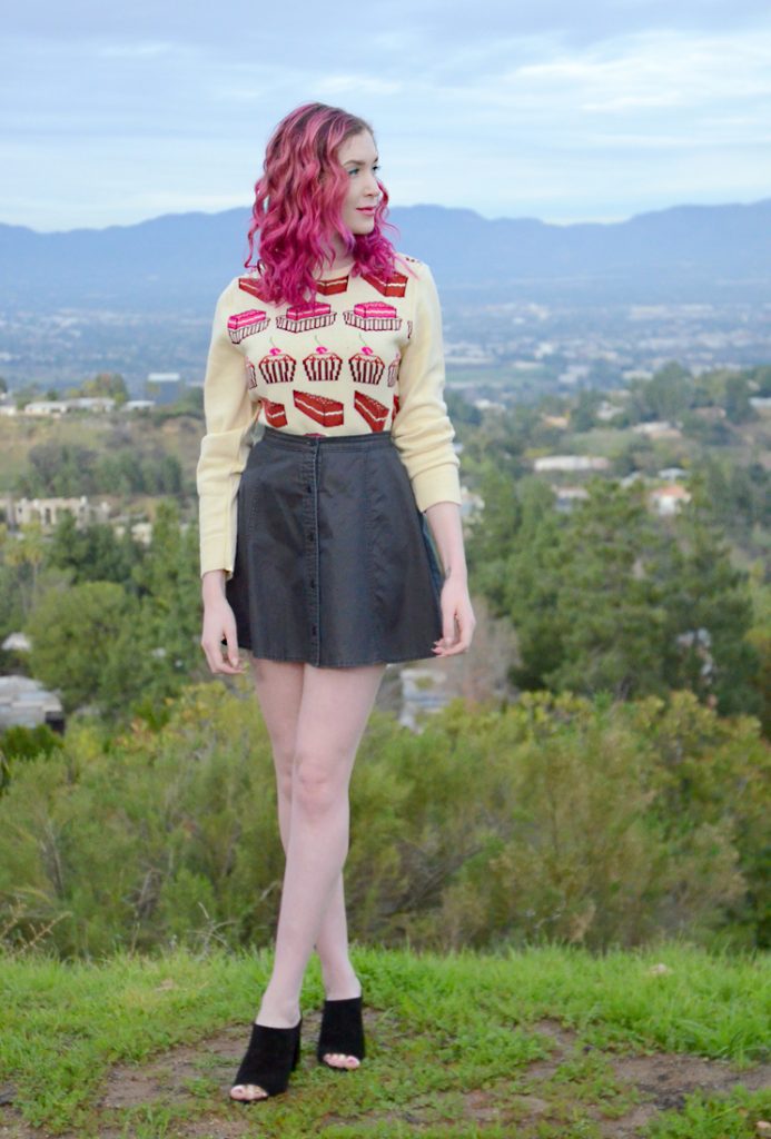 lipsense rose ice, Bella Dahl denim skirt, cupcake sweater, steve madden black suede peep toe mules