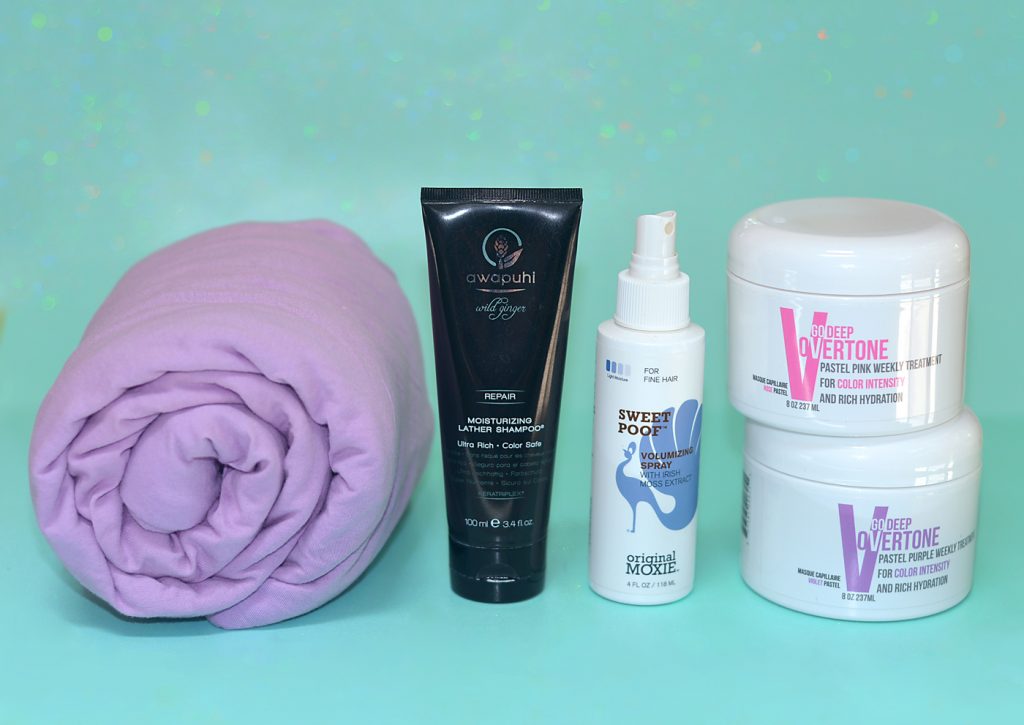 hair remedie towel, Paul Mitchell awapuhi moisturizing lather shampoo, original moxie sweet poff volumizing spray, overtone go deep pastel pink weekly treatment, overtone go deep pastel purple weekly treatment