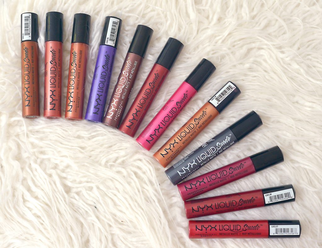 Los Angeles Cruelty-Free Beauty Blogger, Emily Wolf Beauty shares a review of the NYX Liquid Suede Metallic Matte Lipsticks with full swatches of each shade.